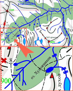 Карта района "Ергаки" и ее увеличенный фрагмент. Работа А.Е. Вотякова